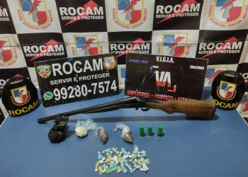 Dois homens em posse de espingarda, munições e entorpecentes são detidos pela Rocam, em Tabatinga