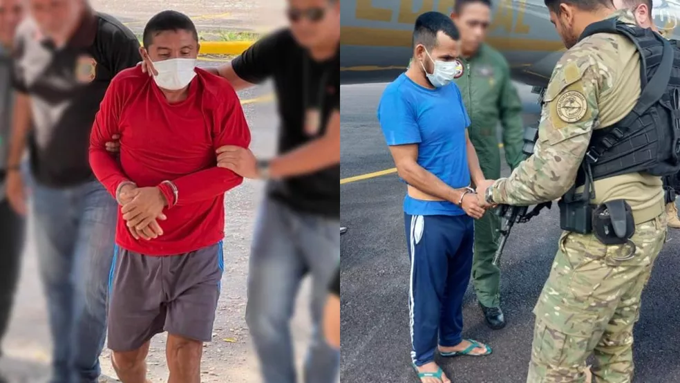 ‘Pelado da Dinha’ e ‘Dos Santos’, presos suspeitos de envolvimento nas mortes de Bruno e Dom, chegam a Manaus
